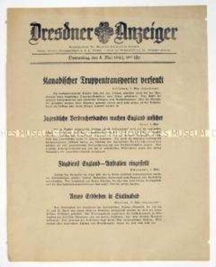 Nachrichtenblatt "Dresdner Anzeiger" u.a. zur Versenkung eines kanadischen Truppentransporters