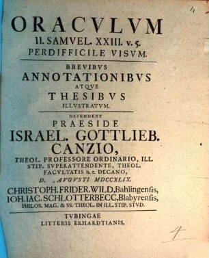 Oraculum II. Samuel XXIII, v. 5 perdifficile visum : brevibus annot. atque thesibus illustratum