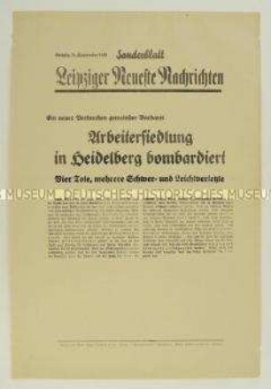 Sonderblatt der "Leipziger Neuesten Nachrichten" über einen britischen Luftangriff auf Heidelberg