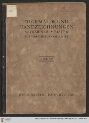 Ölgemälde und Handzeichnungen moderner Meister : aus verschiedenem Besitz; Auktion in der Galerie Hugo Helbing, München, 14. Juli 1925