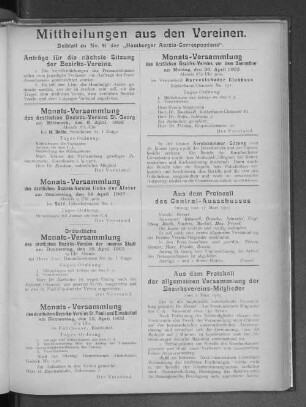 Mittheilungen aus den Vereinen.Beiblatt zu No. 41 der "Hamburger Aerzte-Correspondenz".