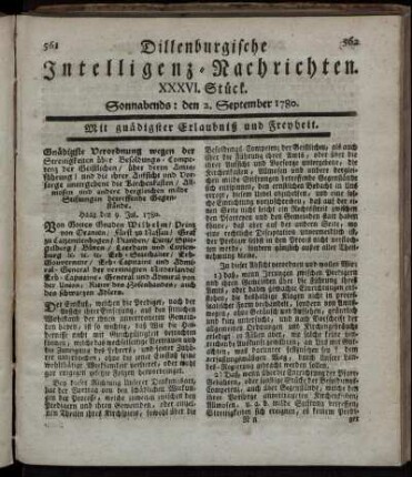 XXXVI. Stück. Sonnabends : den 2. September 1780.