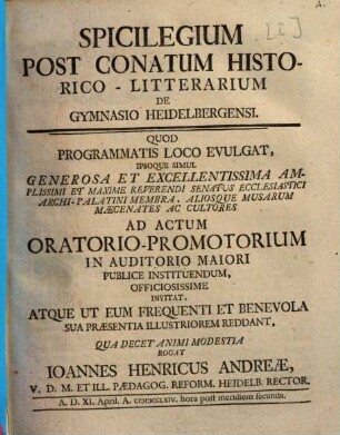 Spicilegium Post Conatum Historico-Litterarium De Gymnasio Heidelbergensi. [1]