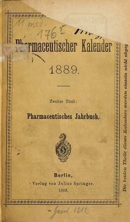 Pharmaceutischer Kalender. 18. 1889
