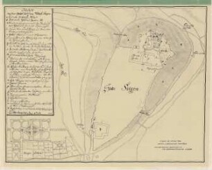 Skizze bzw. Nachzeichnung des Plans von der Stadt Siegen und dem Schloss Siegen 1751 in einer Abzeichnung vom 27.05.1952. "Plan von der Stadt und dem Schloß Siegen, Dillenburg 1751"