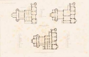 Jagdschloss, Mrossowa-Gora: Grundriss Keller, EG, 1.OG (aus: Atlas zur Zeitschrift für Bauwesen, hrsg. v. F. Endell, Jg. 26, 1876)