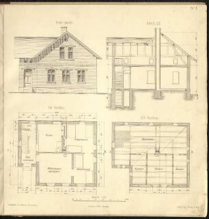 Tafel I: Beispiel eines Arbeiterwohnhauses, Ansicht, Schnitt, Grundriss