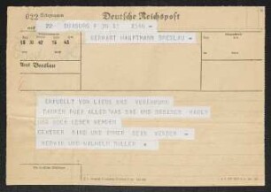 Brief von Hedwig Buller und Wilhelm Buller an Gerhart Hauptmann