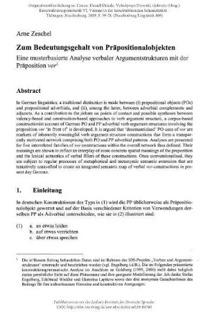 Zum Bedeutungsgehalt von Präpositionalobjekten. Eine musterbasierte Analyse verbaler Argumentstrukturen mit der Präposition vor