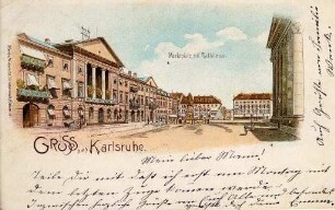 Postkartenalbum. "Gruss aus Karlsruhe". Marktplatz mit Rathaus