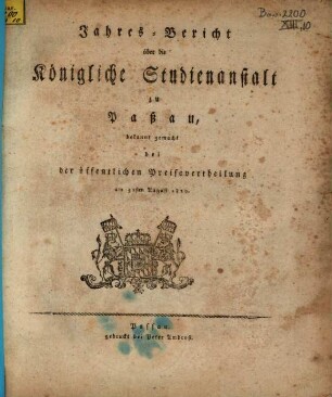 Jahresbericht der K. Studienanstalt in Passau für das Studienjahr .... 1819/20 (1820)