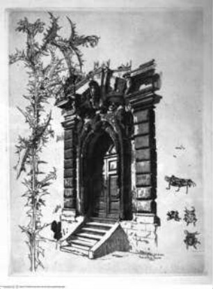 Palazzo Zuccari, Maskenportal der Gartenfassade; Distel und Insekten