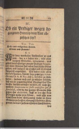IV. Ob ein Prediger wegen begangener Hurerey voom Amte abzusetzen sey?