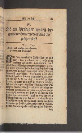 IV. Ob ein Prediger wegen begangener Hurerey voom Amte abzusetzen sey?