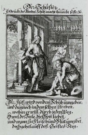 Der Schuster : Weigel, Christoph: Der Schuster. Kupferstich; 130 x 85 mm. Aus: Weigel, Christoph: Abbildung Der Gemein-Nützlichen Haupt-Stände Von denen Regenten Und ihren So in Friedens- als Kriegs-Zeiten zugeordneten Bedienten an, biß auf alle Künstler Und Handwercker. Regenspurg: Weigel, 1698. Dresden: SLUB Technol.A.142