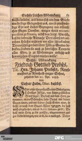 Sechste Abdanckung Friedrich Gottlieb Probsts...