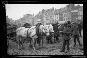 Cambrai (Dep. Nord, Frankreich): Fuhrwerke auf dem Marktplatz (Vorderansicht)