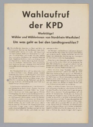 "Werktätige! Wähler und Wählerinnen von Nordrhein-Westfalen!"
