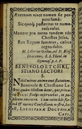 Benevolo Et Christiano Lectori S.