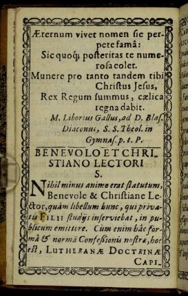 Benevolo Et Christiano Lectori S.