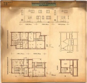 Billing, Hermann; Karlsruhe - Dammerstock; Siedlung Dammerstock - Ansicht; Grundriss Keller; Grundriss EG; Grundriss 1. OG; Schnitt A-B