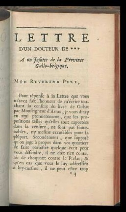 Lettre d'un Doctuer de *** a un Jesuite de la Province Gallo-belgique.