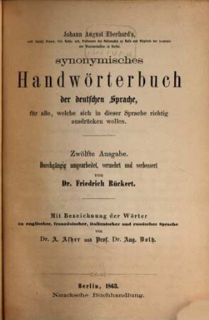 Synonymisches Handwörterbuch der deutschen Sprache für alle, welche sich in dieser Sprache richtig ausdrucken wollen : Nebst einer ausführlichen Anweisung zum nützlichen Gebrauche desselben