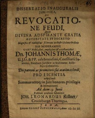 Dissertatio Inauguralis Juridica [Iuridica], De Revocatione Feudi