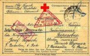 Postkarte des Österreichischen Roten Kreuzes in ein Kriegsgefangenenlager in Russland