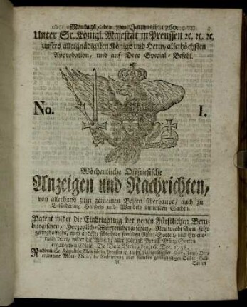 No. 1. Montags, den 7ten Januarii 1760.