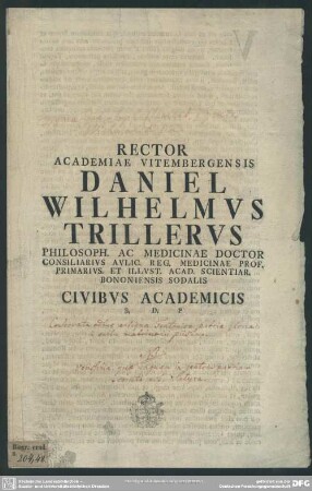 Rector Academiae Vitembergensis Daniel Wilhelmus Trillerus ... Civibus Academicis S. P. D. : [de Joanna Sophia Clement e gente Wichmannshusia disserens]