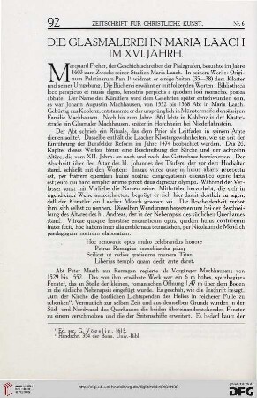Die Glasmalerei in Maria Laach im XVI. Jahrh.