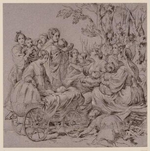 Frauen mit Kindern und einem Kinderwagen am Waldrand
