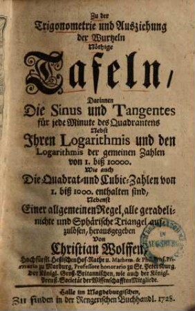 Zu der Trigonometrie und Ausziehung der Wurtzeln nöthige Tafeln