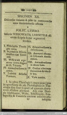Speciem XII. Discordia rationis & fidei in controversia cum Antitrinitariis ostensa a Polyc. Lysero