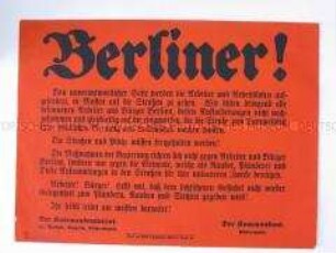 Maueranschlag mit Aufruf des Stadtkommandanten von Berlin gegen Streiks und Demonstrationen