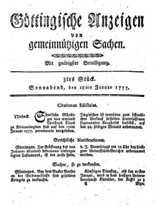 3tes Stück. Sonnabend, den 18. Januar 1777.