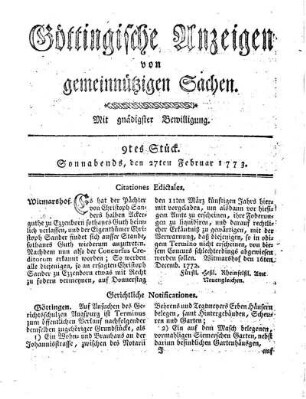 9tes Stück. Sonnabends, den 27ten Februar 1773.