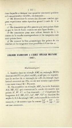 Concours d'admission a l'École Spéciale Militaire (1887).