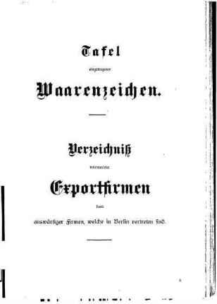 Tafel eingetragener Waarenzeichen.Verzeichniß renommirter Exportfirmen sowie auswärtige Firmen, welche in Berlin vertreten sind