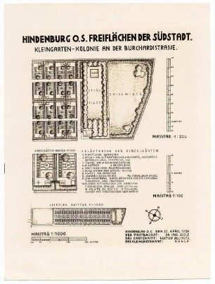 Kleingartenanlage, Hindenburg: Freiflächen der Südstadt, Kleingarten-Kolonie an der Burchardistraße: Lageplan 1:1000, Grundrisse 1:200, 1:100