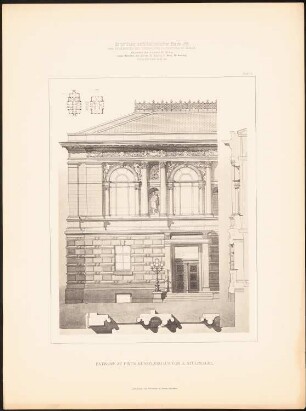 Künstlerhaus: Grundrisse EG, 1.OG, Ansicht, Fassadenschnitte vertikal, horizontal (aus: Samml. architekt. Entwürfe d. Studierenden der TH Berlin, 1881-1882, hrsg.v. Herrmann Ende)