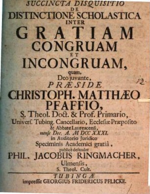 Succincta disquisitio de distinctione scholastica inter gratiam congruam et incongruam