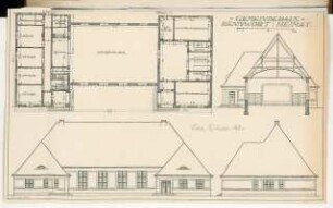 Gemeindehaus Monatskonkurrenz Oktober 1919: Grundriss Erdgeschoss, Aufriss Straßenansicht, Seitenansicht, Querschnitt; Maßstabsleiste