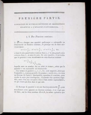 Première Partie. Exposition de Diverses Méthodes et Propositions Relatives à l'Analyse Indéterminée.