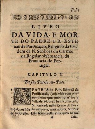 Vida e morte do Padre Dr. Estevão da Purificação, Religioso da Ordem do N. Senhora do Carmo da Provincia de Portugal