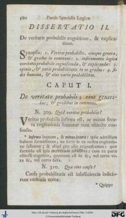 Partis Specialis Logicae Dissertatio II. De cognitione & veritatis probabilis.
