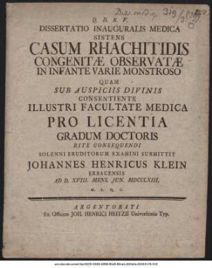 Dissertatio Inauguralis Medica Sistens Casum Rhachitidis Congenitæ Observatæ In Infante Varie Monstroso