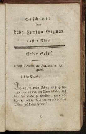 Erster Brief. Obrist Belville an Hauptmann Hillgrove. - Achter Brief. Sir John Dudley an Sir Carl Wilmot.