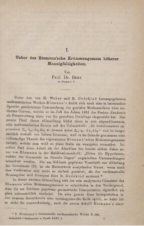 I. Ueber das Riemann'sche Krümmungsmass höherer Mannigfaltigkeiten.